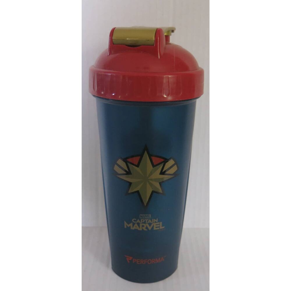 MARVEL Captain Marvel Performa Blender Bottle Screw Sip Lid Blue Red Gold 28 Oz